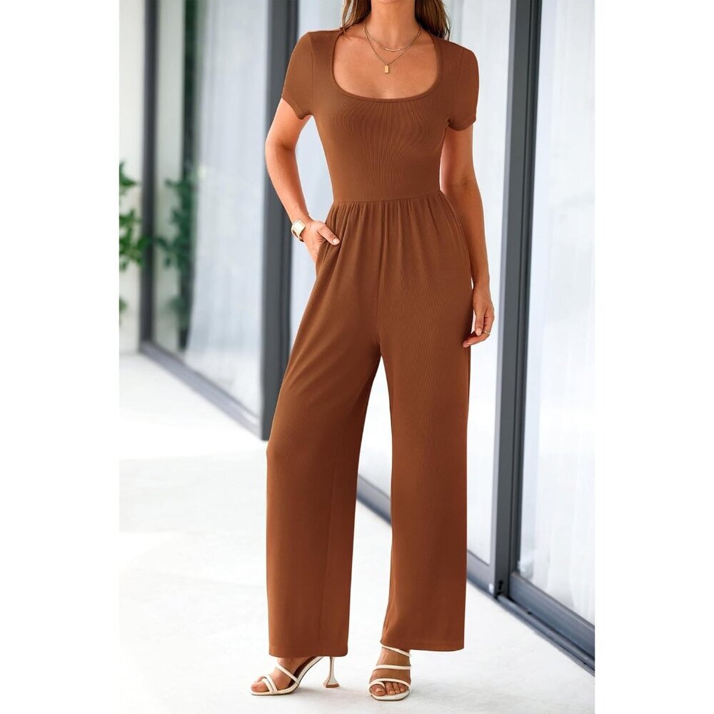 Women's Brown Summer Short Sleeve Square Neck Wide Leg Rompers Jumpsuits - Picture 3 of 8